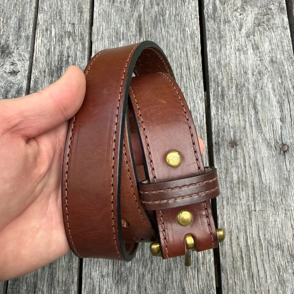 Mens Brown Leather Work Belt‎ Size 38 Solid Brass Buckle Heavy Duty Stitched